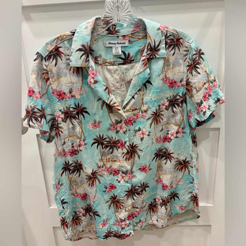 Tommy Bahama Tropical Print Button Down Shirt - Aqua and Pink